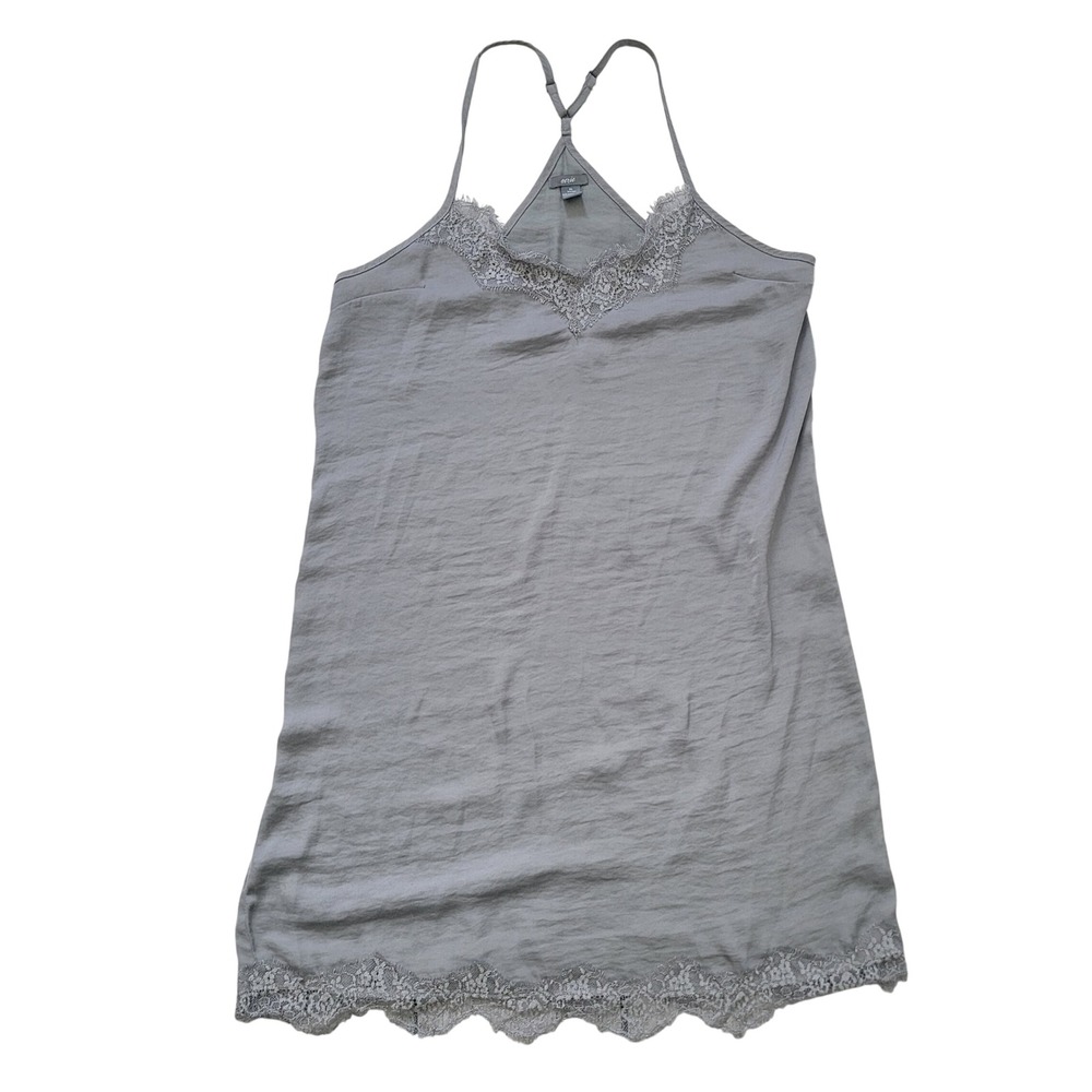 Aerie Women XS Slip Dress Gray Lace‎ Trim Satin V-Neck Adjustable Racerback